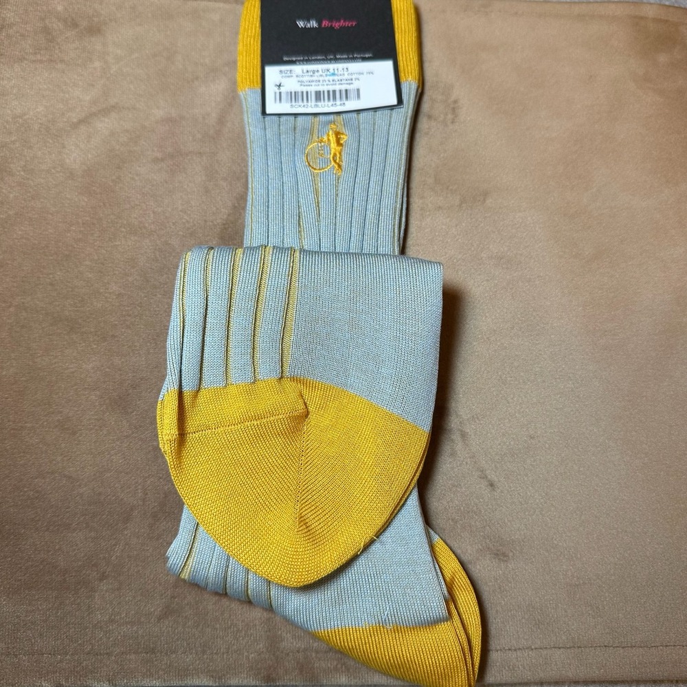 London Sock Co Crew Socks Mens L Blue Yellow Michael Fisher Studio NWT